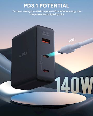 Aukey 3-Port 140W PD Wall Charger with GaN Power Tech, black Alternative