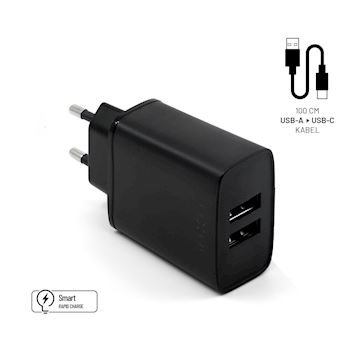 FIXED Dual USB Charger 15W+ USB/USB-C Cable, black