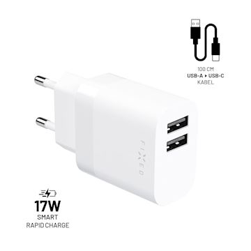 FIXED Dual USB Travel Charger 17W + USB/USB-C Cable, white