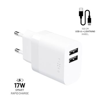 FIXED 2x USB Travel Charger 17W + USB/Lightning Cable, white