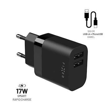 FIXED 2x USB Travel Charger 17W + USB/micro USB Cable, black