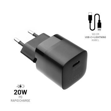 FIXED Mini USB-C Charger 20W+ USB-C/Lightning Cable, black