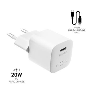 FIXED Mini USB-C Charger 20W+ USB-C/Lightning Cable, white