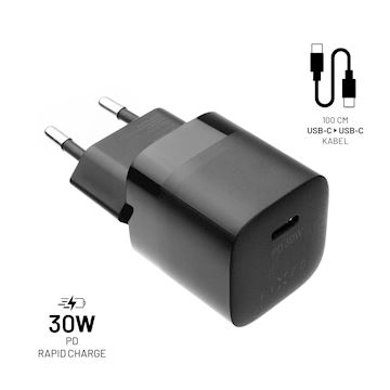 FIXED Mini Charger 30W + USB-C/USB-C Cable, black