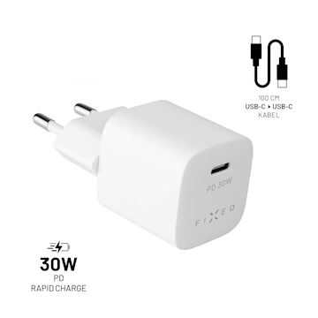 FIXED Mini Charger 30W + USB-C/USB-C Cable, white