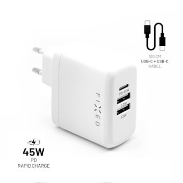 FIXED USB-C/USB Charger+ USB-C/USB-C Cable 45W, white