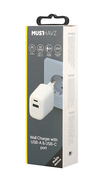 Musthavz 2 Port PD Charger USB-A + USB-C 20W - White